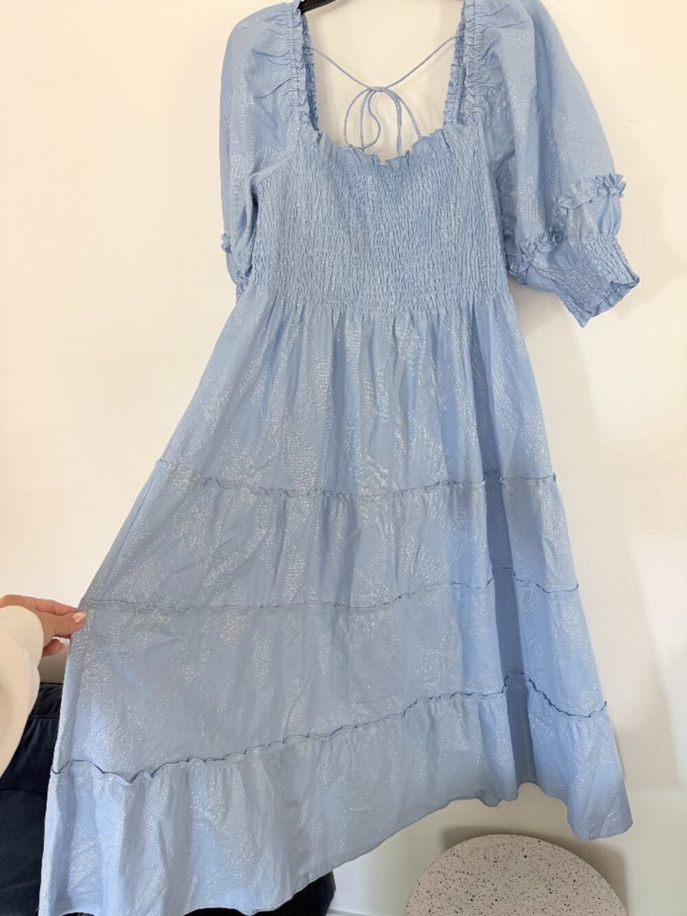 Hill House Nap Dress: Like New Blue Metallic Smocked Puff Sleeve Midi 2XL - Picture 2 of 9
